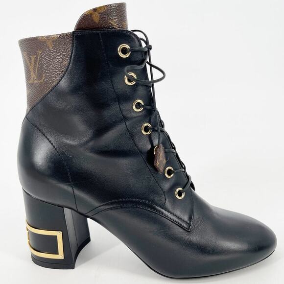 Louis Vuitton 2020 Bliss Black Brown LV Monogram Canvas Trim Ankle Boot IT 37.5 - Picture 1 of 15